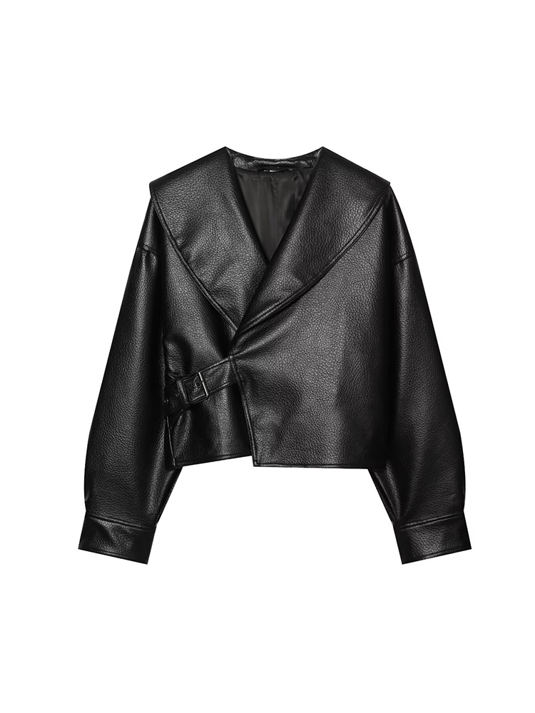Vintage Fashion Retro Outfit - Women Short PU Leather With Lapel