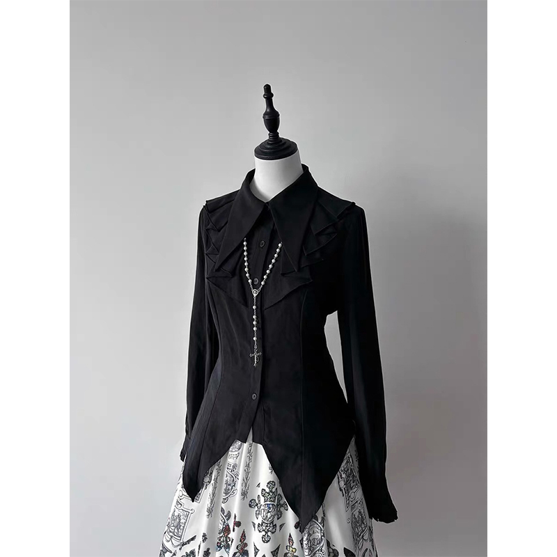 Vintage Fashion Japan - Gothic Ruffles Black Shirts Women Kawaii
